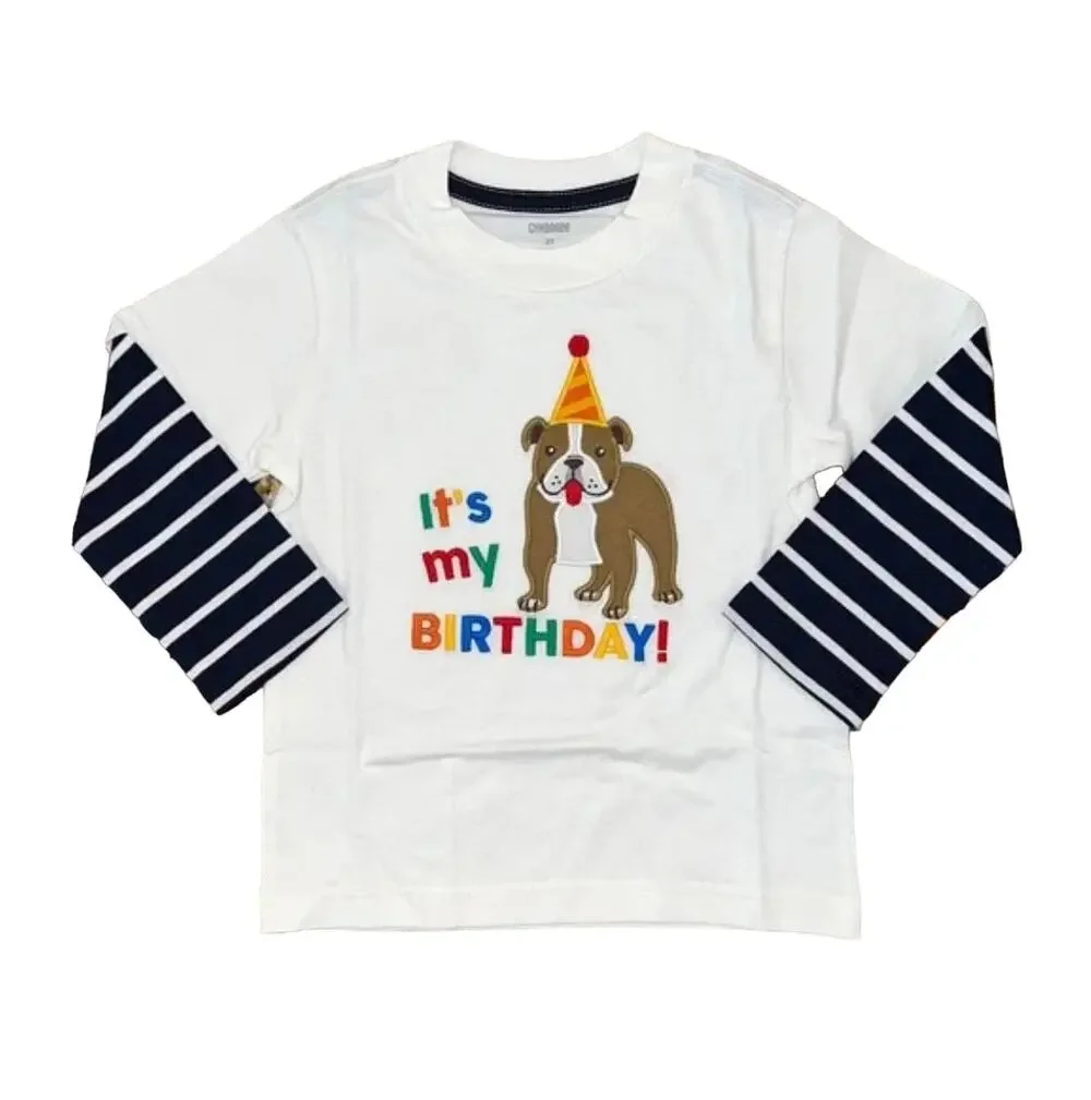 NWT Gymboree Boys Ivory and Navy Striped Embroidered Dog Birthday Shirt